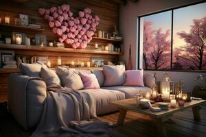 ai gegenereerd romantisch terugtrekken modern Valentijnsdag leven kamer, modern leven kamer versierd voor Valentijn foto