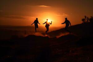 ai gegenereerd jong vrienden blij jumping tegen de backdrop van de zonsondergang. neurale netwerk ai gegenereerd foto