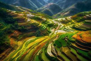 ai gegenereerd rijst- velden Aan terrasvormig van mu cang chai, yenbai, Vietnam. rijst- velden bereiden de oogst Bij Noord West vietnam.vietnam landschappen. neurale netwerk ai gegenereerd foto
