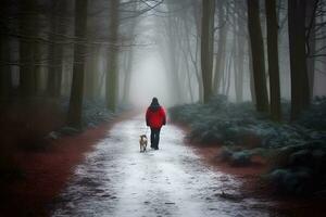 ai gegenereerd Mens wandelen met zijn hond vriend. neurale netwerk ai gegenereerd foto