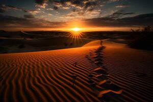 ai gegenereerd voetafdrukken in de zand in de woestijn gedurende zonsondergang. neurale netwerk ai gegenereerd foto