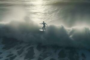 ai gegenereerd surfer Aan blauw oceaan Golf krijgen loop Bij zonsopkomst. neurale netwerk ai gegenereerd foto