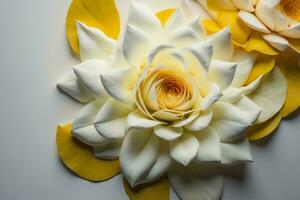 ai gegenereerd wit en geel roos bloemblaadjes Aan een wit achtergrond, top visie. generatief ai foto