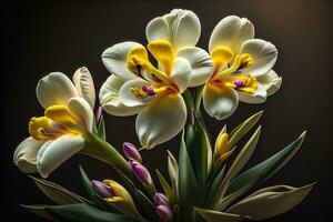 ai gegenereerd boeket van krokus en tulpen Aan solide kleur achtergrond. ai generatief foto