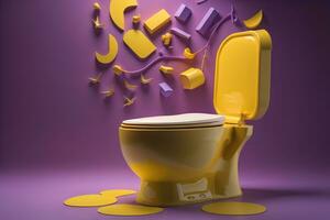 ai gegenereerd toilet kom met geel toilet papier Aan Purper achtergrond. generatief ai foto
