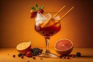 ai gegenereerd cocktail met bessen, fruit en ijs Aan oranje achtergrond. generatief ai foto