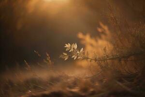 ai gegenereerd herfst bladeren Aan een weide in de stralen van de instelling zon. ai gegenereerd foto