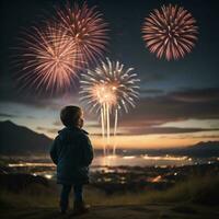 ai gegenereerd weinig jongen aan het kijken vuurwerk in de nacht lucht, silhouet van een kind. generatief ai foto