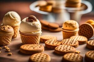 ai gegenereerd een verscheidenheid van ijs room kegels en koekjes Aan een tafel foto