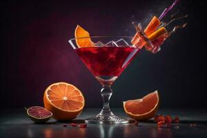 ai gegenereerd cocktail met rood wijn, oranje en ijs Aan een donker achtergrond. generatief ai foto