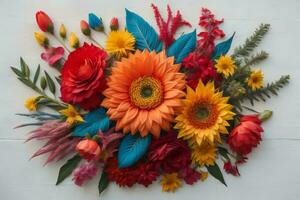 ai gegenereerd bloem boeket met rood, oranje en geel bloemen Aan wit achtergrond. generatief ai foto