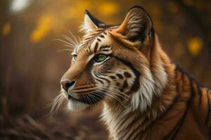 ai gegenereerd portret van een tijger in de herfst Woud. detailopname. generatief ai foto