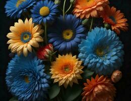 ai gegenereerd boeket van blauw, oranje en geel bloemen Aan zwart achtergrond. generatief ai foto
