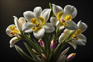 ai gegenereerd boeket van krokus en tulpen Aan solide kleur achtergrond. ai generatief foto