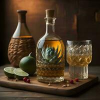 ai gegenereerd aloë vera en tequila in glas flessen Aan houten achtergrond. generatief ai foto