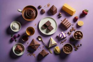 ai gegenereerd vlak leggen samenstelling met heerlijk chocola snoepjes en kop van koffie Aan kleur achtergrond. generatief ai foto