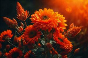 ai gegenereerd oranje chrysant bloemen in de tuin Bij zonsondergang. ai gegenereerd foto