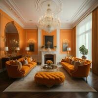 ai gegenereerd luxe leven kamer interieur met oranje meubilair. generatief ai foto