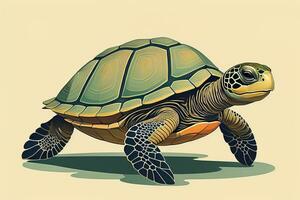 ai gegenereerd illustratie van een schildpad Aan een groen achtergrond in tekenfilm stijl. ai generatief foto