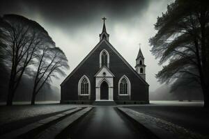 ai gegenereerd zwart en wit beeld van een kerk in een mistig Woud. generatief ai foto
