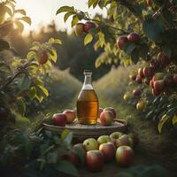 ai gegenereerd appel cider azijn in een fles en rijp appels Aan een houten tafel in een boomgaard. generatief ai foto