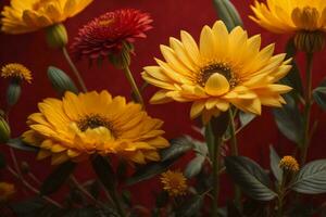 ai gegenereerd boeket van geel en rood madeliefjes Aan een rood achtergrond. ai gegenereerd foto