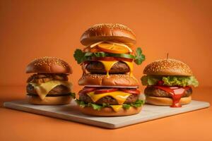 ai gegenereerd drie smakelijk cheeseburgers Aan snijdend bord over- oranje achtergrond. generatief ai foto
