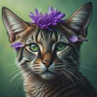 ai gegenereerd portret van een kat met een Purper bloem in haar haar. ai gegenereerd foto