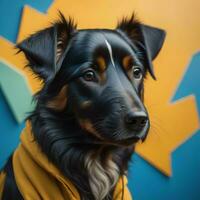 ai gegenereerd portret van een hond in een geel jasje Aan een blauw achtergrond. generatief ai foto