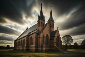 ai gegenereerd kerk in de platteland met dramatisch lucht. generatief ai foto