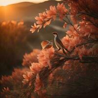 ai gegenereerd twee vogelstand Aan een Afdeling van een bloeiende boom met rood bloemen. generatief ai foto