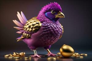 ai gegenereerd Purper vogel met gouden eieren Aan een donker achtergrond. generatief ai foto