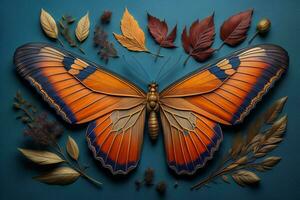 ai gegenereerd vlinder en herfst bladeren Aan blauw achtergrond. generatief ai foto