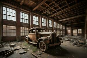 ai gegenereerd een oud auto in een verlaten fabriek gebouw. generatief ai foto