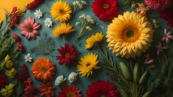 ai gegenereerd bloemen samenstelling. kleurrijk bloemen Aan blauw achtergrond. vlak leggen, top visie, kopiëren ruimte. generatief ai foto