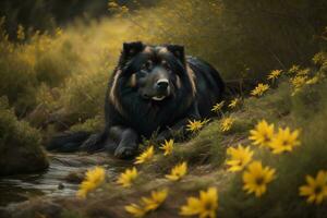 ai gegenereerd portret van een Kaukasisch herder hond in een veld- van geel bloemen. generatief ai foto