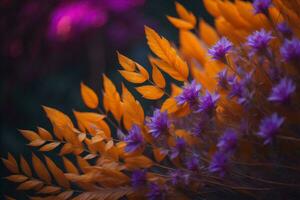 ai gegenereerd kleurrijk herfst achtergrond met bloemen en bladeren. selectief focus. ai gegenereerd foto