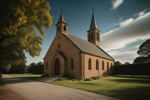 ai gegenereerd kerk in de platteland met bomen en weide in de achtergrond. generatief ai foto