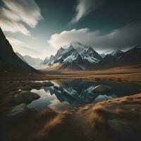 ai gegenereerd berg landschap met meer en reflectie van besneeuwd pieken. generatief ai foto