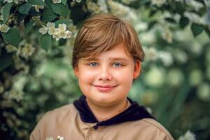 een jong knap jongen van Europese uiterlijk poses in bloeien in natuur. niet geënsceneerd portretten van een jongen. zijn een Super goed tijd naar kom tot rust. foto