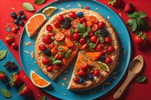 ai gegenereerd pizza met bessen en fruit Aan een rood achtergrond, top visie. generatief ai foto