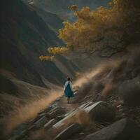 ai gegenereerd een jong vrouw in een lang blauw jurk wandelingen langs de pad in de bergen. generatief ai foto