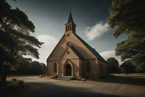 ai gegenereerd kerk in de midden- van de weg in de platteland. generatief ai foto