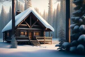 ai gegenereerd houten huis in de winter Woud. generatief ai foto