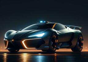 ai gegenereerd futuristische zwart sport- auto in neon licht. ai generatief foto