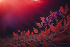 ai gegenereerd herfst achtergrond met rood bladeren en bokeh lichten. detailopname. generatief ai foto