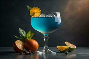 ai gegenereerd blauw Curacao cocktail met limoen, oranje en ijs Aan donker achtergrond. generatief ai foto