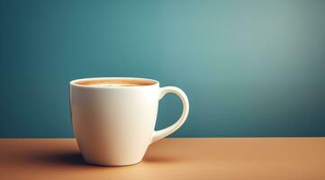 ai gegenereerd mok van koffie Aan houten tafel over- blauw achtergrond met kopiëren ruimte foto