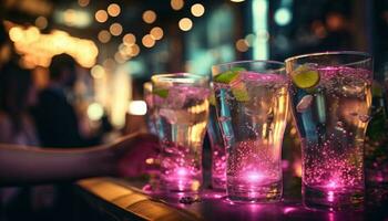 ai gegenereerd mensen in een partij drinken bril van sangria in achtergrond met kleurrijk lichten foto