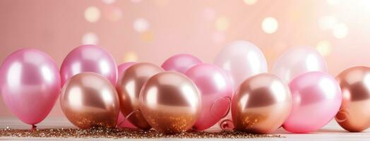 ai gegenereerd roze en goud ballonnen tegen een achtergrond foto